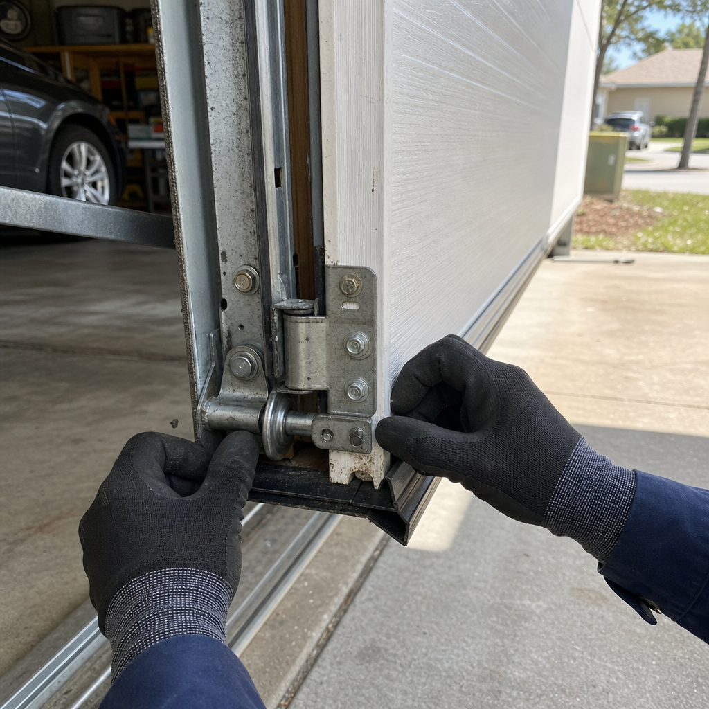 Professional performing emergency garage door repair on bottom hinge in Orange County, FL