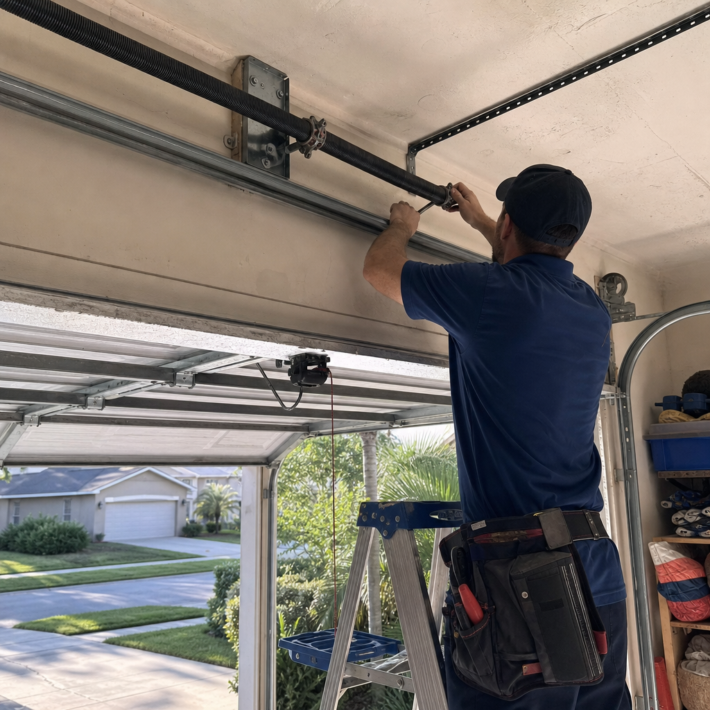 Emergency garage door repair service technician working on spring in Winter Park, FL