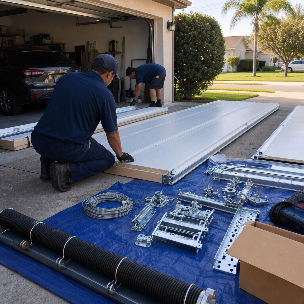 Garage door technician installing a new garage door on a driveway.