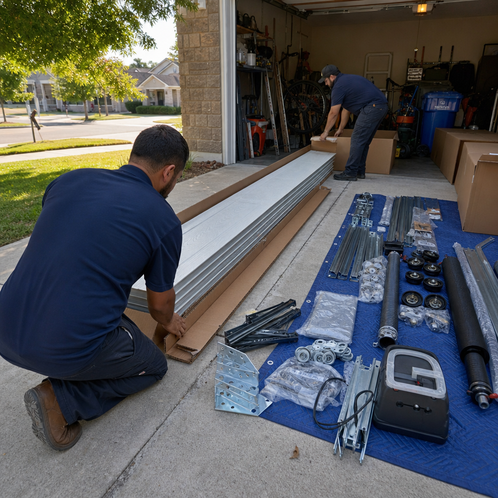 Technician unboxing garage door parts for installation