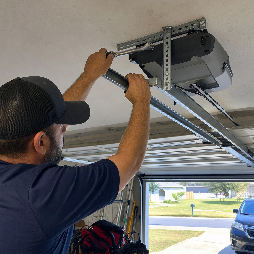 Technician adjusting garage door opener mechanism