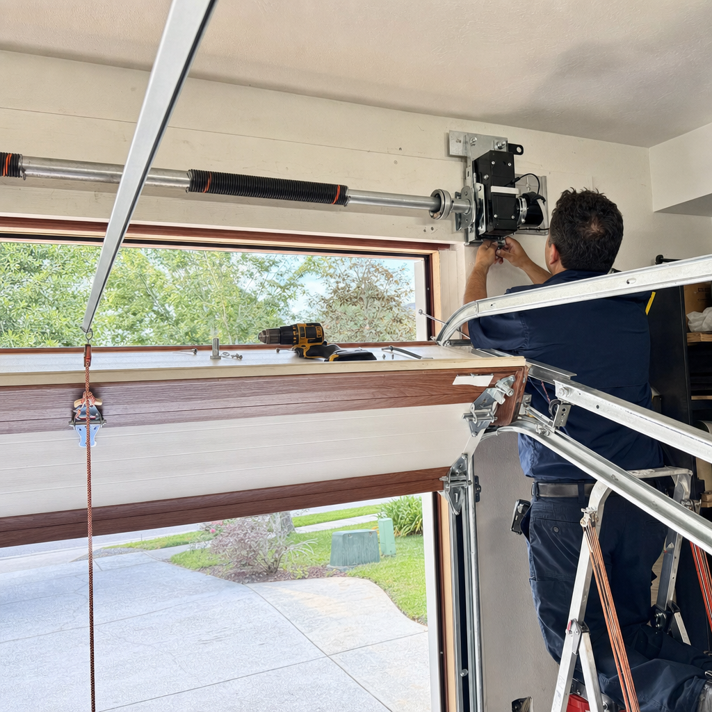 Technician installs new garage door opener system on rail