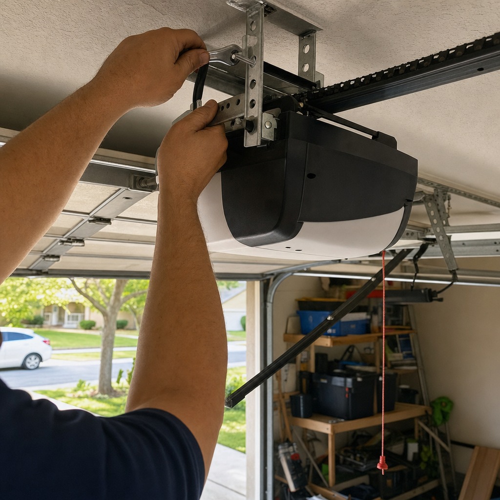 Technician performing garage door opener adjustment