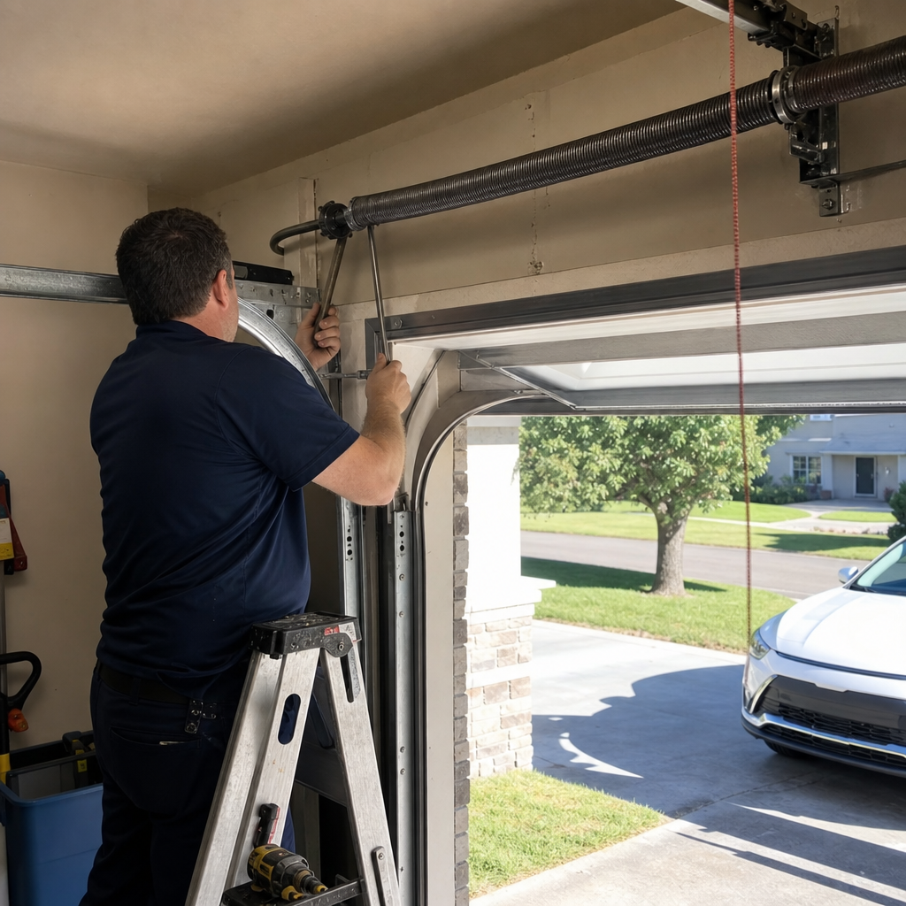 Garage door technician working on spring installation and repair