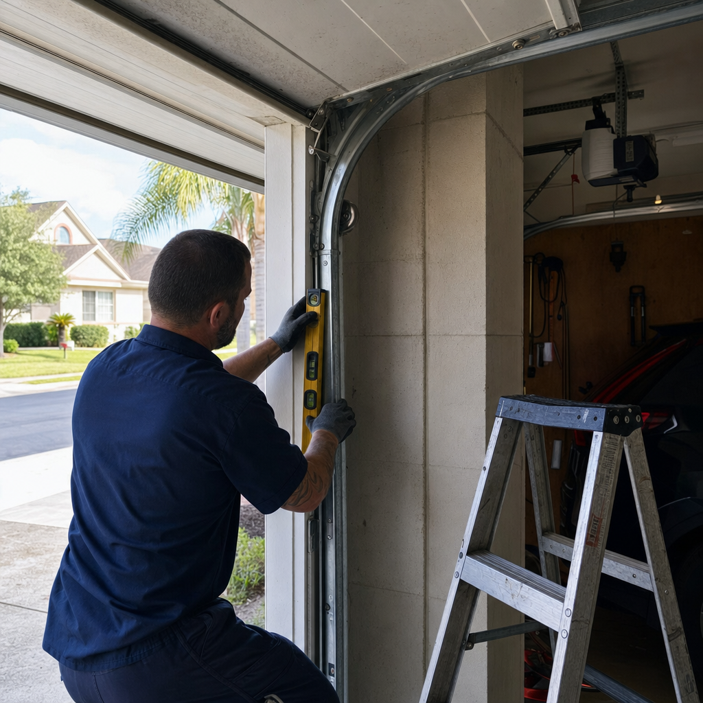 Garage door repair technician uses level for precise alignment
