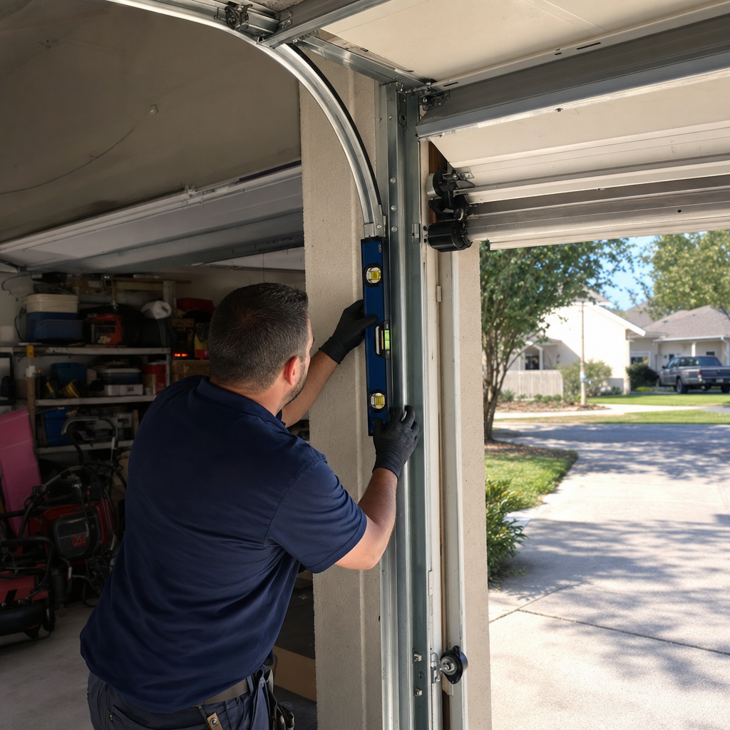 Technician levels garage door track during repair service.