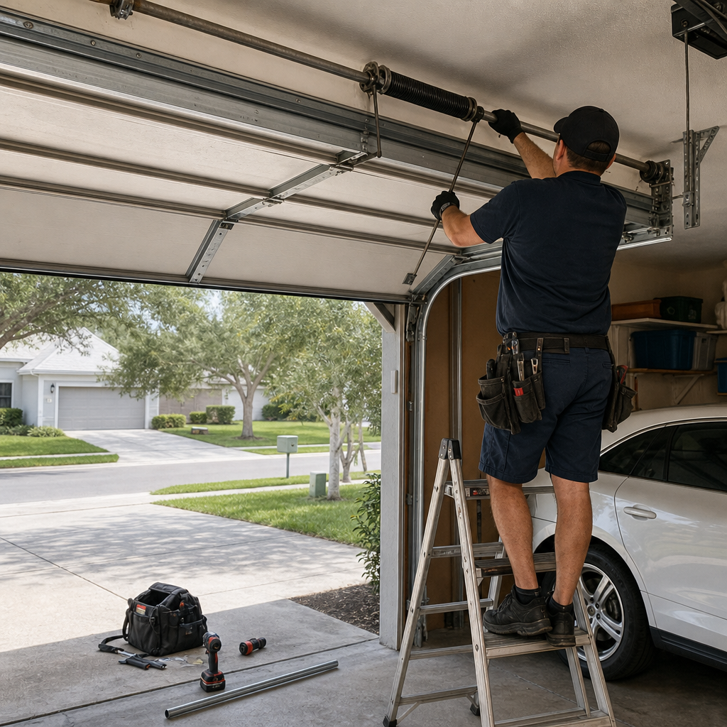 Garage door repair technician working on spring mechanism