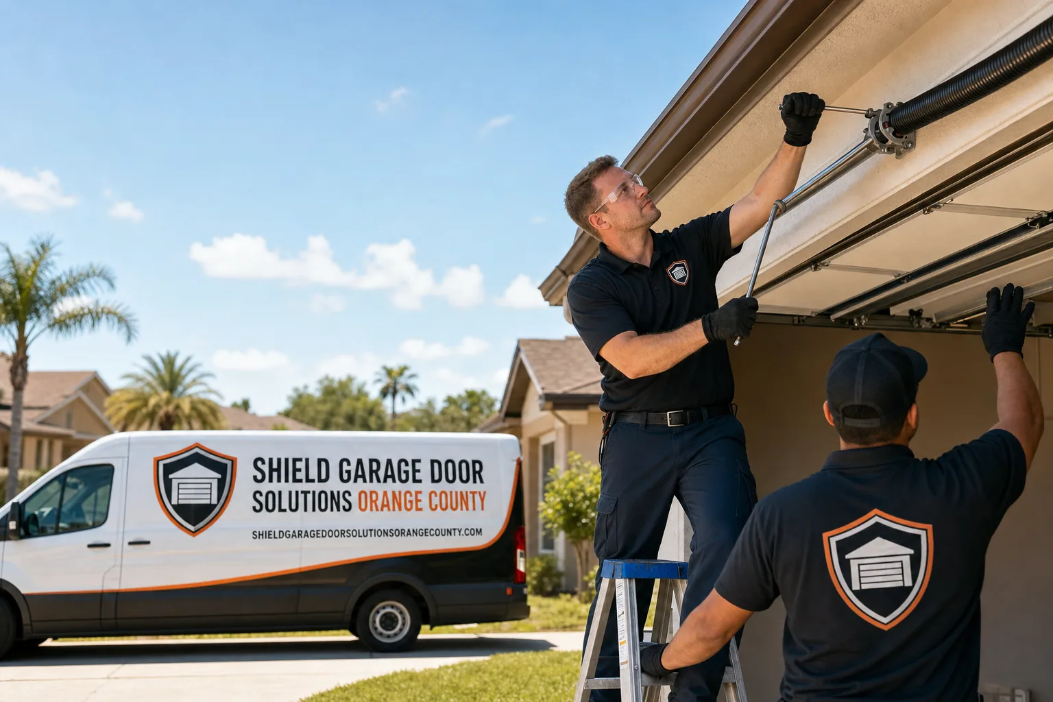 Shield Garage Door Solutions Orange County service vehicle and crew in Orange County, FL